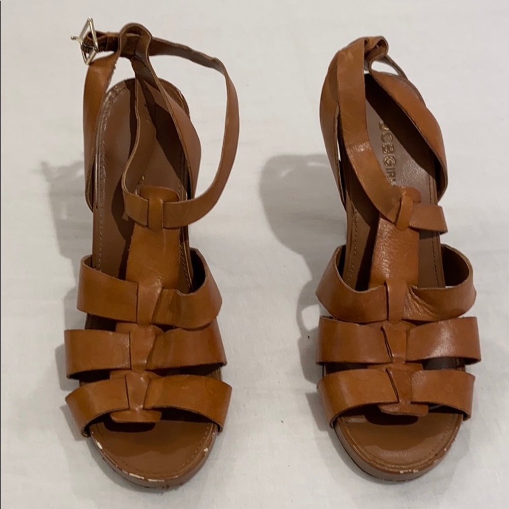 BCBG tan strapped heels